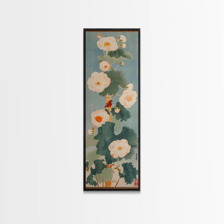 Tall White Blooms with Large Leaves on Blue Background, Framed Canvas Print in Japanese Art Style