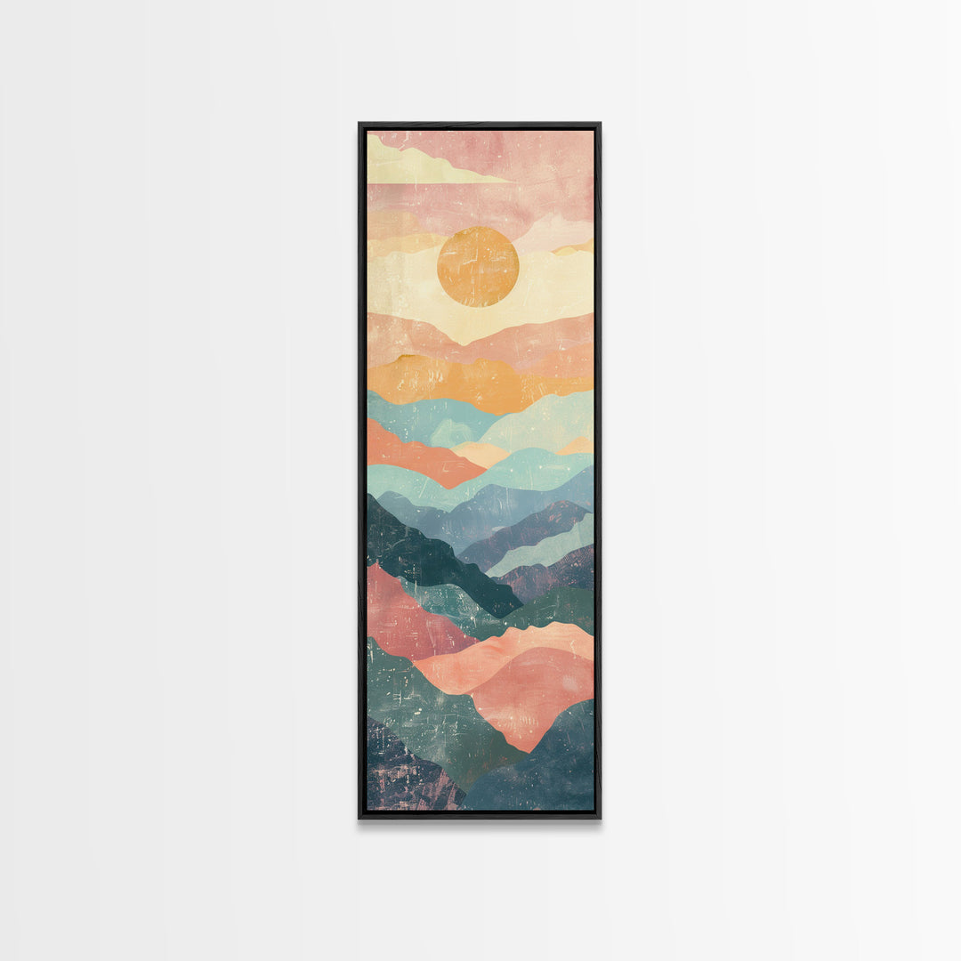 Abstract Sunset Over Rolling Hills, Japanese Art-Inspired Tall Framed Canvas Print for Wall Art