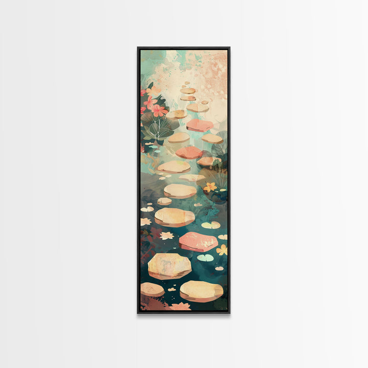 Stepping Stones In Japanese Garden Tranquil Path Art On Framed Canvas Print In Ukiyo-e Style Tall Skinny Wood Block Wall Decor