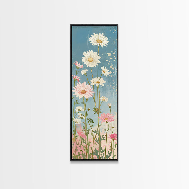 White Daisies Blossoms Japanese Tall Wall Art Blue Background Skinny Framed Canvas Print Ukiyo-e Style