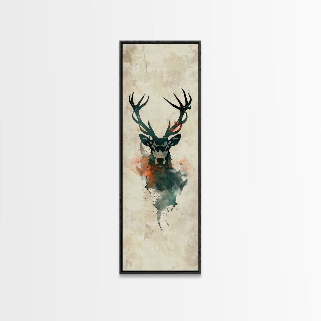 Stag Silhouette Japanese Style Tall Wall Art Skinny Framed Canvas Print Abstract Background