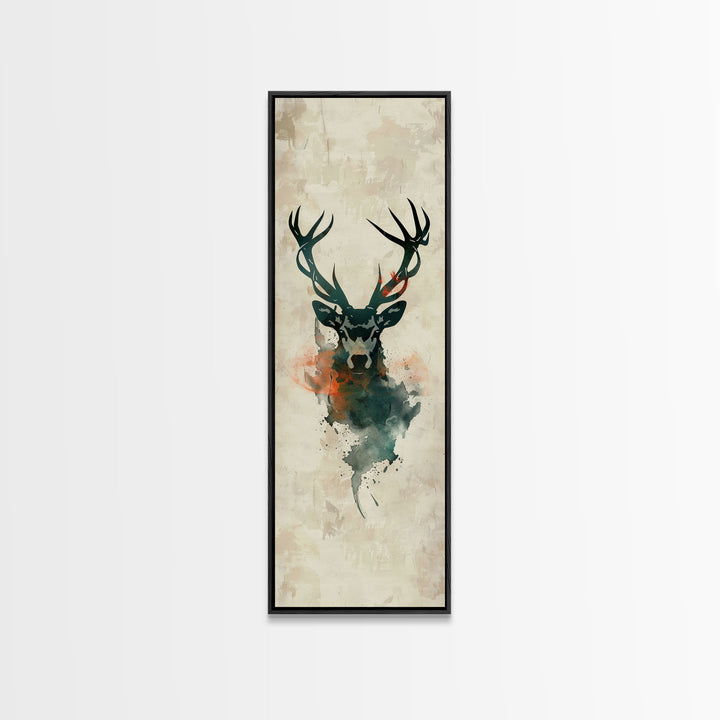 Stag Silhouette Japanese Style Tall Wall Art Skinny Framed Canvas Print Abstract Background