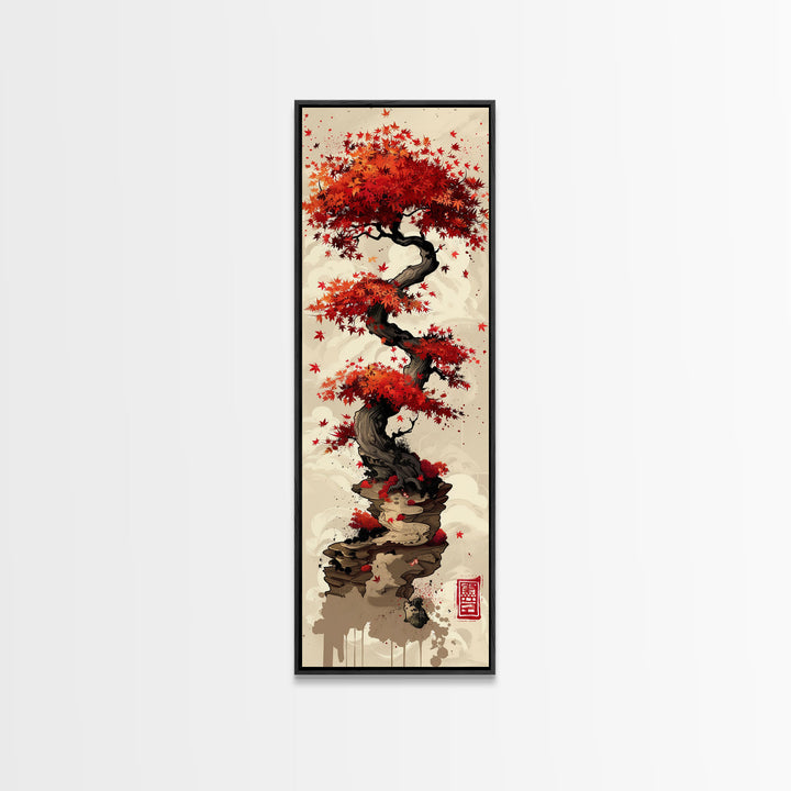 Vibrant Red Maple Tree with Twisting Branches on a Beige Background Ukiyo-e Art Japanese Framed Canvas Print Skinny Tall Art