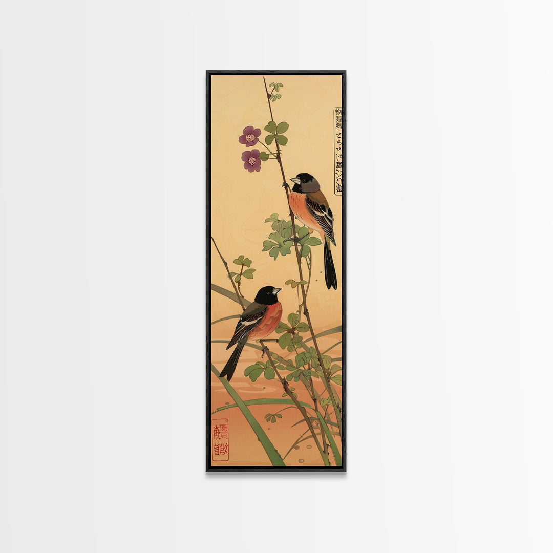 Tall Art, Skinny Art, Japanese Style Art, Birds On Branches Wood Block Print Framed Canvas Print Ukiyo-e Art