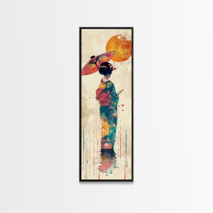 Ukiyo-e Art, Skinny Art, Tall Art, Japanese Style Art, Geisha With Umbrella Wood Block Print Framed Canvas Print