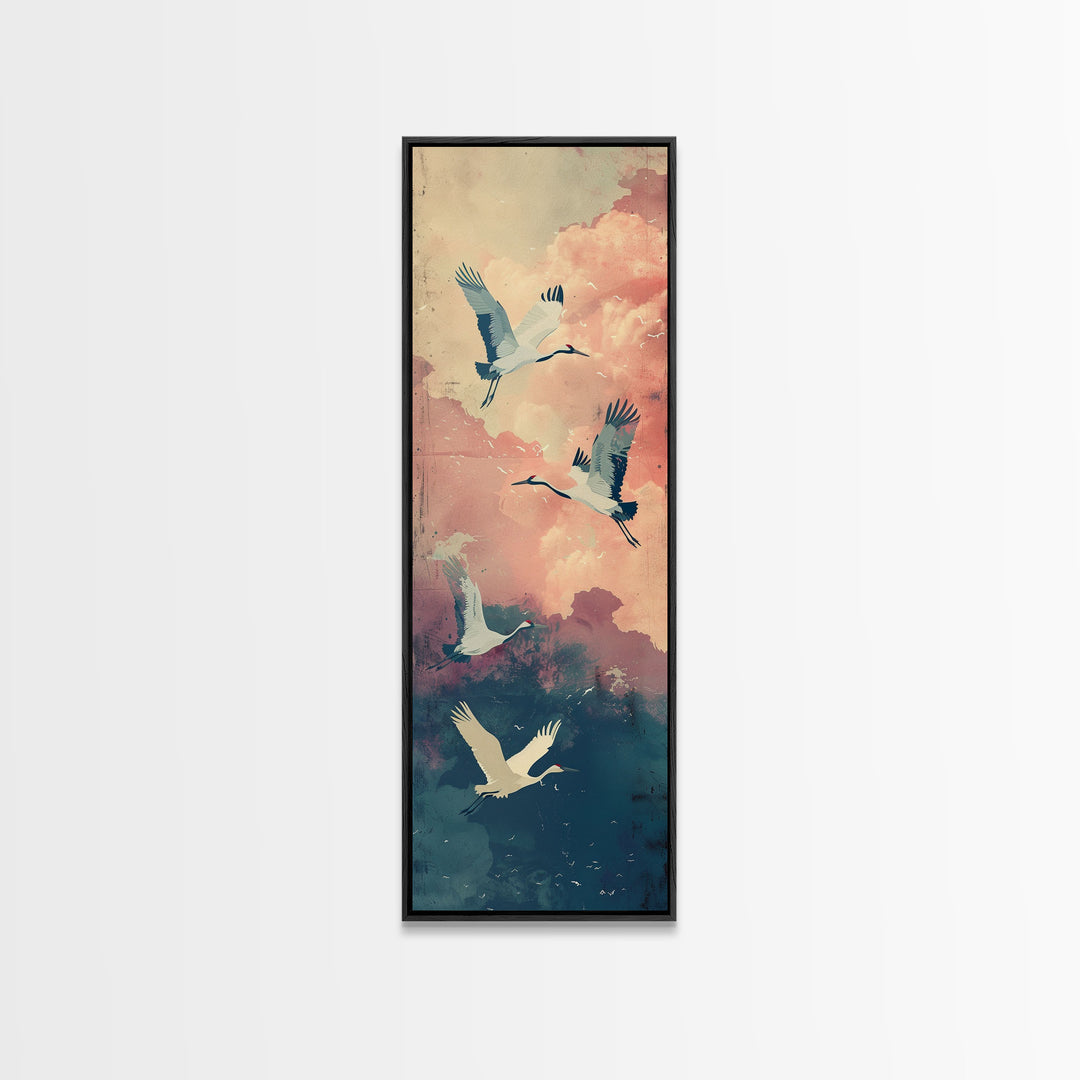 Ukiyo-e Art, Tall Art, Skinny Art, Japanese Style Art, Cranes In Flight Wood Block Print Framed Canvas Print