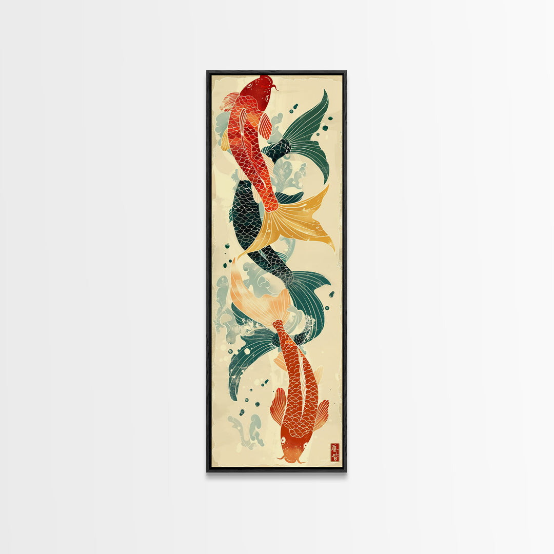 Ukiyo-e Art Of Two Koi Fish Intertwined In A Harmonious Composition, Skinny Art, Tall Art, Japanese Style Art, Wood Block Print, Framed Canvas Print