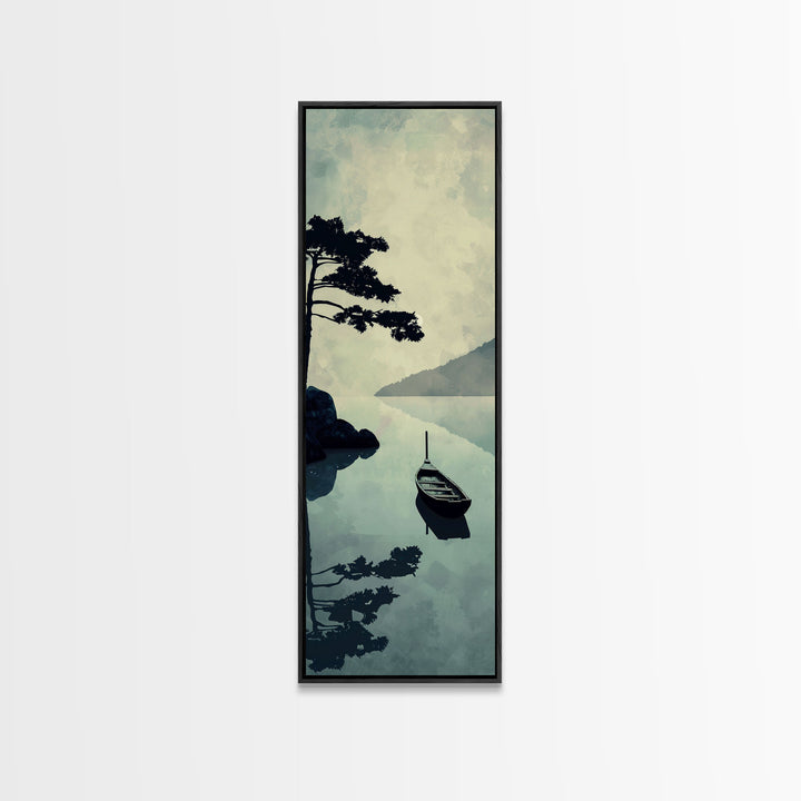 Skinny Art Tall Art Serene Lake Scene With Boat Wood Block Print Japanese Style Art Framed Canvas Print Calm Reflections On Still Water