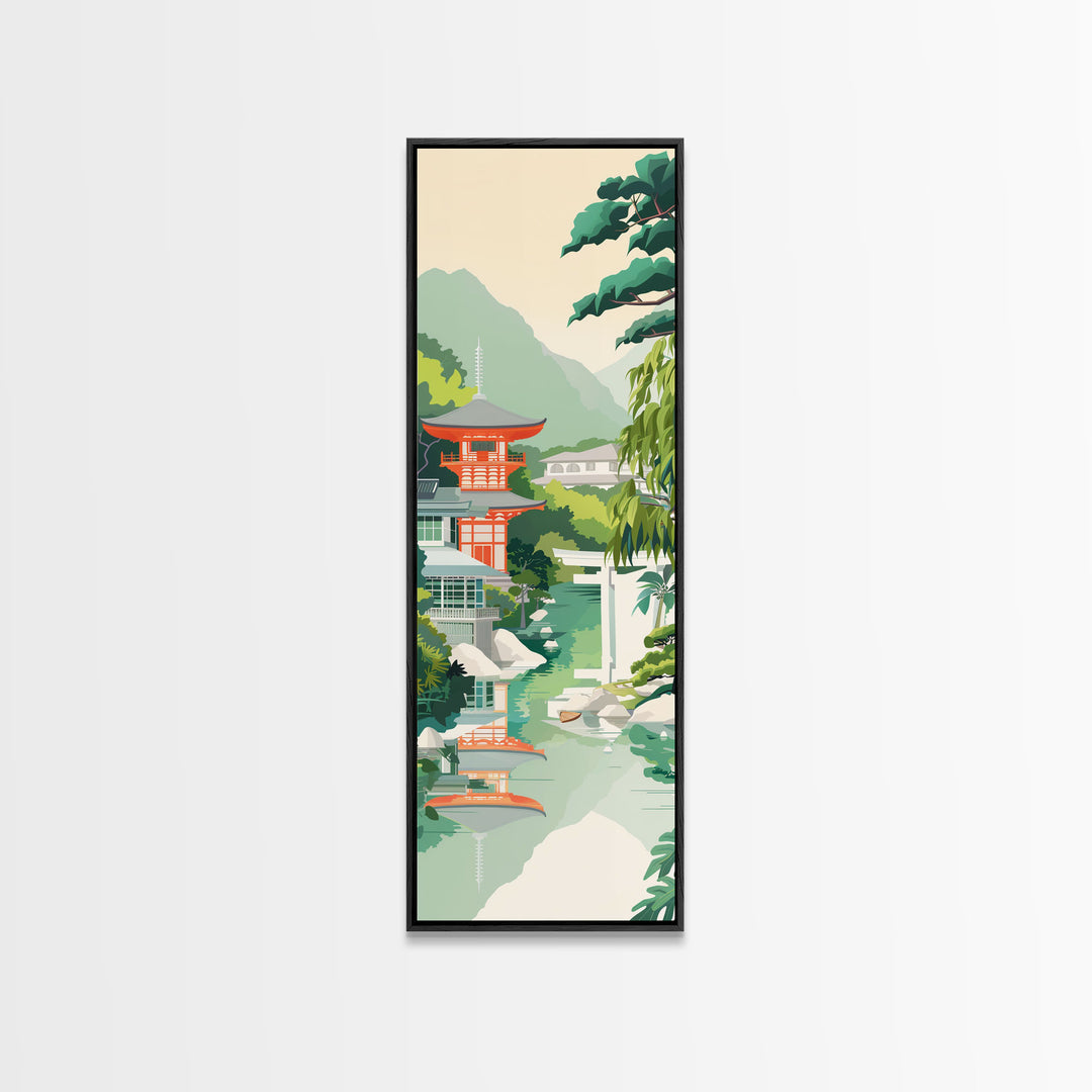 Skinny Art Tall Art Tranquil Japanese Garden Wood Block Print Japanese Style Art With Pagoda Reflected In Water Framed Canvas Print