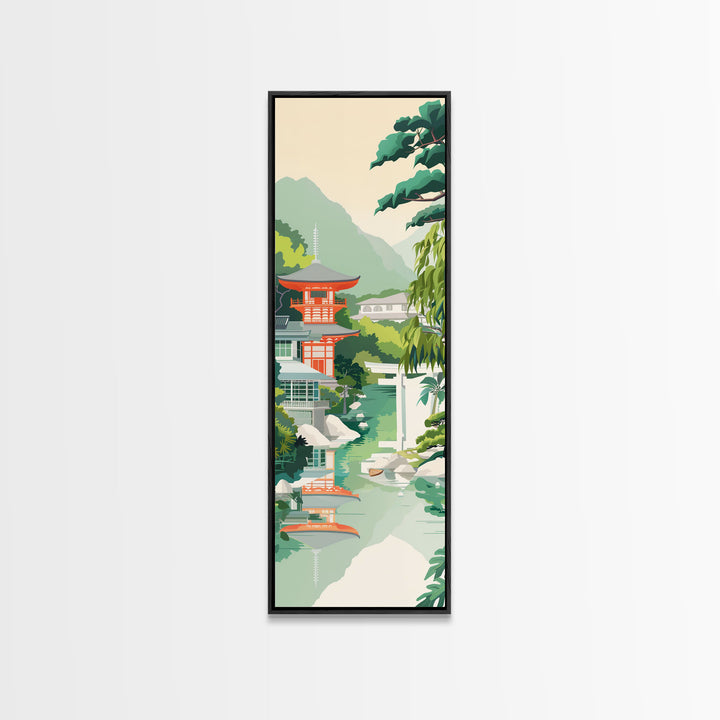 Skinny Art Tall Art Tranquil Japanese Garden Wood Block Print Japanese Style Art With Pagoda Reflected In Water Framed Canvas Print