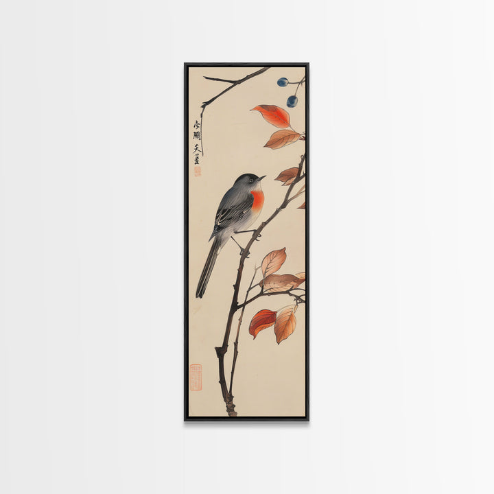 Songbird Perched On Branch With Autumn Leaves Skinny Art Wood Block Print Framed Canvas Print