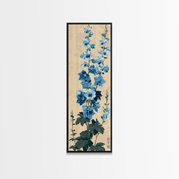 Tall Blue Delphinium Flowers Against Beige Background Ukiyo-e Wood Block Print Framed Canvas Print