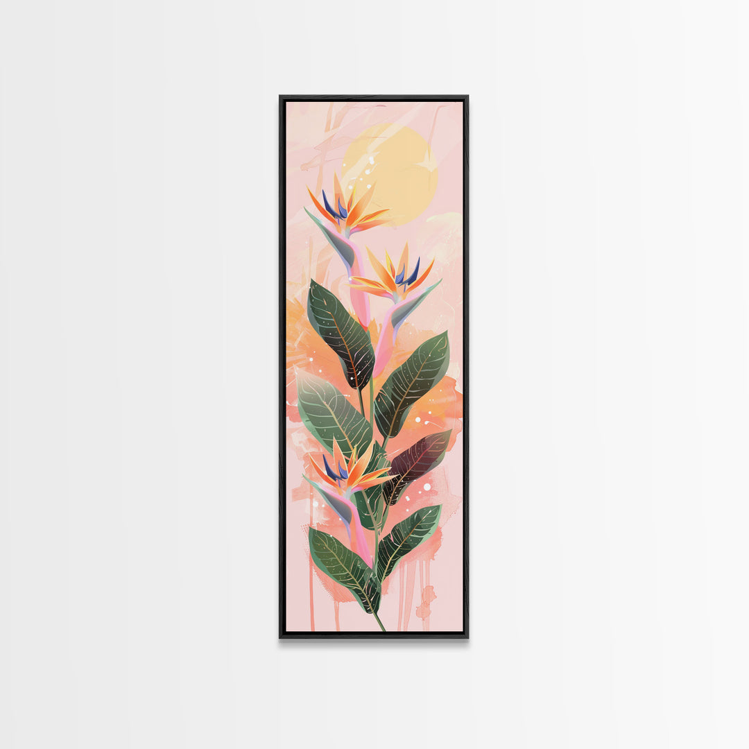 Vibrant Bird Of Paradise Flowers Against Soft Pastel Background Ukiyo-e Style Skinny Tall Wood Block Framed Canvas Print