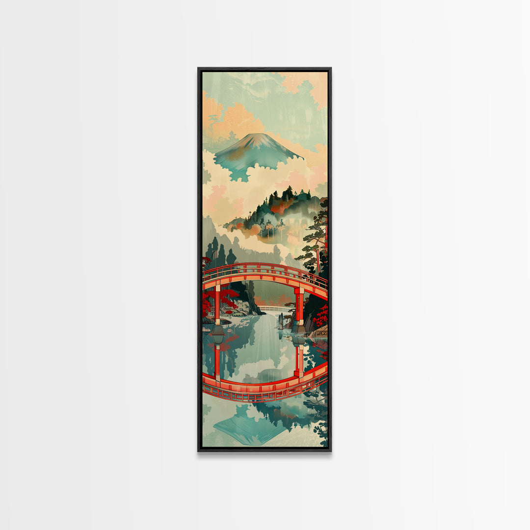 Stunning Mount Fuji With Red Bridge Reflection, Skinny Tall Framed Canvas Print, Feng Shui-Inspired Japanese Style Art For Wall Art