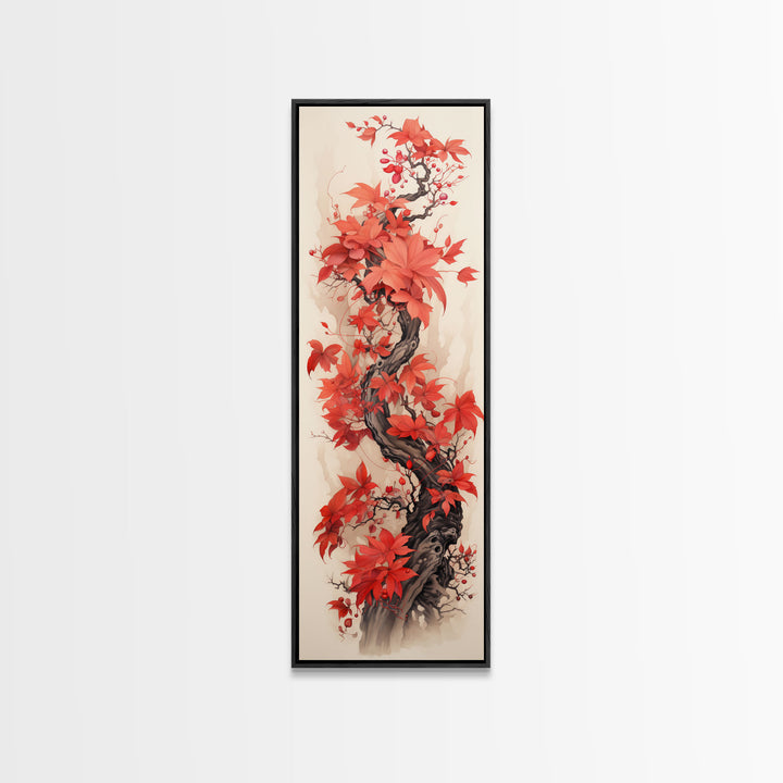 Twisting Red Vine With Autumn Berries, Skinny Tall Canvas Art Perfect For Feng Shui-Inspired Japanese Style Wall Art