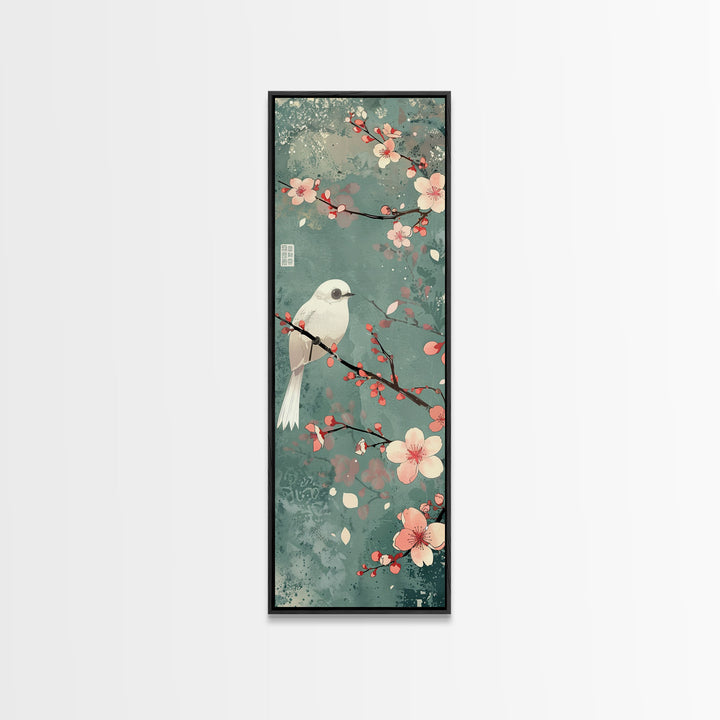 White Bird Perched On A Branch With Blossoms – Framed Canvas Print Combining Skinny Art And Tall Art Inspired By Ukiyo-E Art And Japanese Style Art