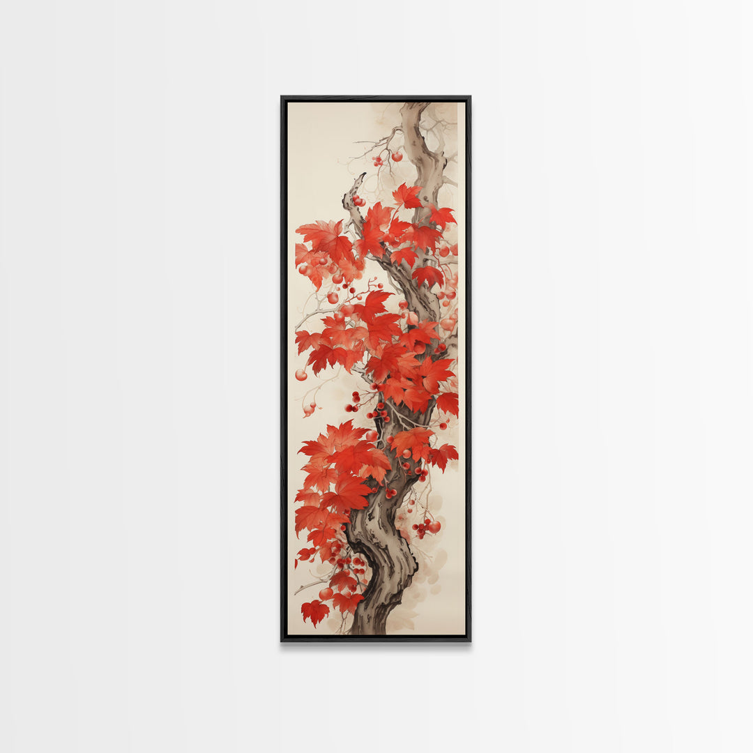 Striking Red Leaves And Berries On A Gnarled Tree, Tall Skinny Canvas Print For Feng Shui-Inspired Wall Art, Japanese Style Art