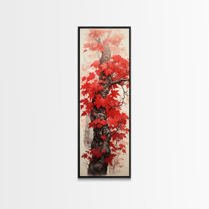 Skinny Art Tall Art Framed Canvas Print Japanese Style Art Wood Block Print Red Maple Leaves Tree Trunk Ukiyo-e Feng Shui Wall Art