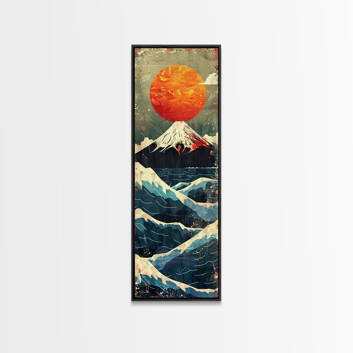 Skinny Art Tall Art Framed Canvas Print Japanese Style Art Mount Fuji Sunset Wood Block Print Ukiyo-e Feng Shui Wall Art