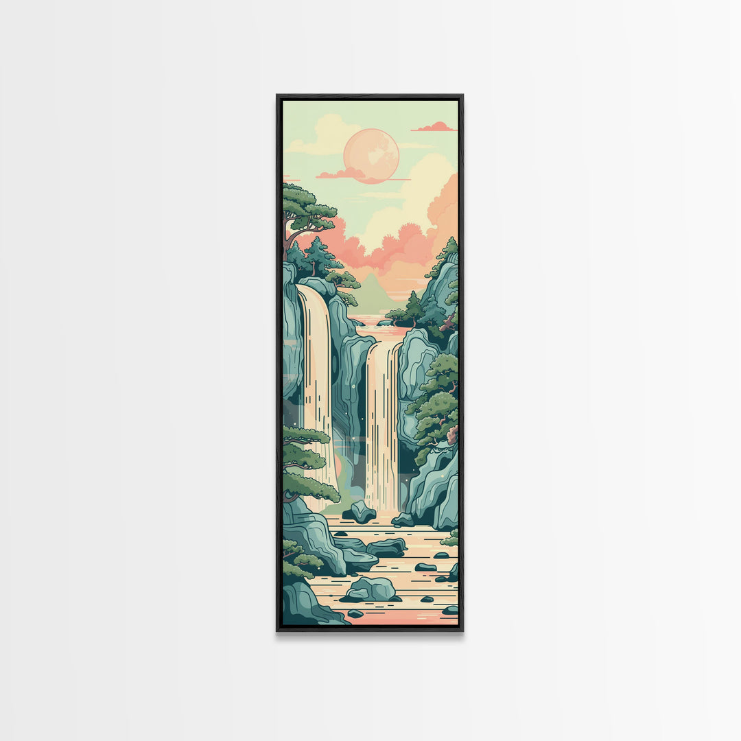 Waterfall With Scenic Landscape - Skinny Art Tall Art Framed Canvas Print Japanese Style Art Ukiyo-e Art