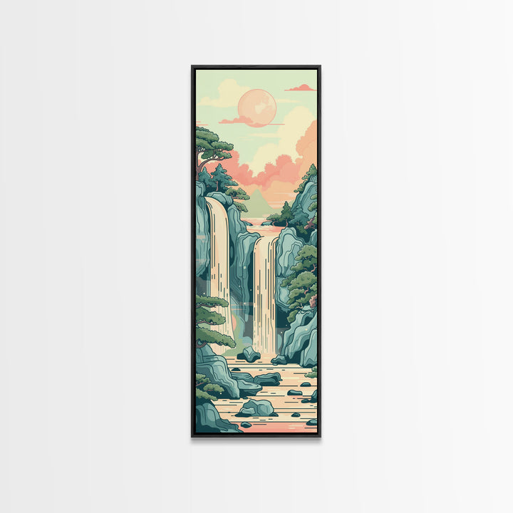 Waterfall With Scenic Landscape - Skinny Art Tall Art Framed Canvas Print Japanese Style Art Ukiyo-e Art