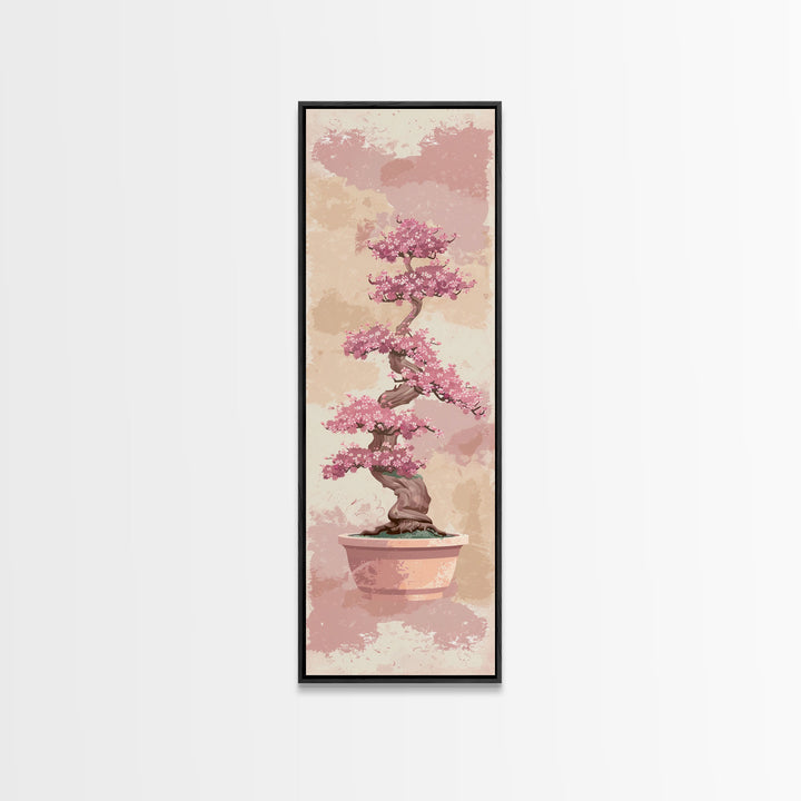 Tall Skinny Art Japanese Style Wood Block Print Potted Bonsai Tree On A Textured Background In Ukiyo-e Style For Framed Canvas Print