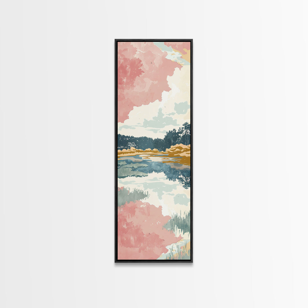 Tall Skinny Art Japanese Style Wood Block Print Serene Lake Scene With Pastel Reflections For Framed Canvas Print In Ukiyo-e Style