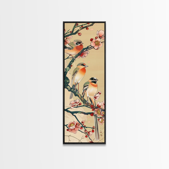 Tall Skinny Art Japanese Style Wood Block Print Vibrant Birds On Flowering Branches In Ukiyo-e Style For Framed Canvas Print