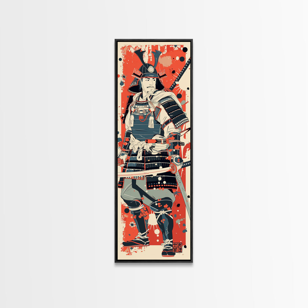 Tall Skinny Art Japanese Style Wood Block Print Samurai Warrior In Full Armor On A Red Background For Framed Canvas Print In Ukiyo-e Style