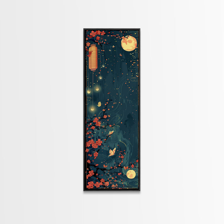 Tall Skinny Art Japanese Style Wood Block Print Night Scene With Lanterns And Cherry Blossoms For Framed Canvas Print In Ukiyo-e Style