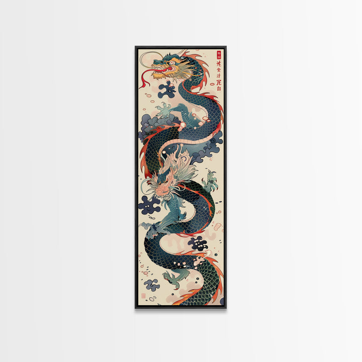 Tall Skinny Art Japanese Style Wood Block Print Dynamic Dragon In Traditional Colors On A Cream Background For Framed Canvas Print