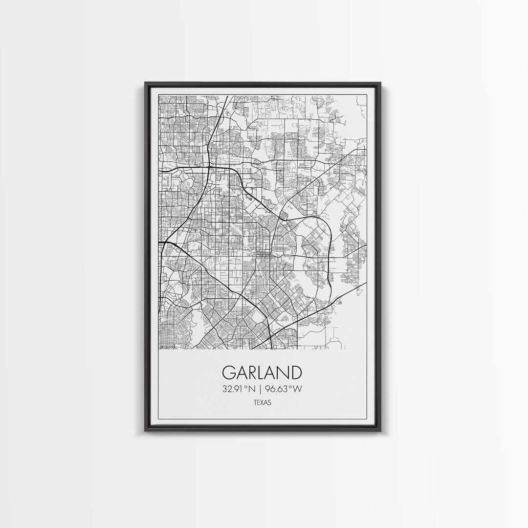 Garland Street Map, Texas Map, City Map Art, Minimalist Art, Wall Art, Canvas Print, Black And White Map, Travel Wall Art, Gift For Her