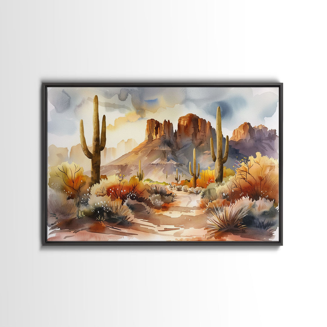 The Desert At Sunset Framed Canvas Print, Watercolor Painting, Original Wall Art Home Decor, Boho Style Farmhouse Wall Art