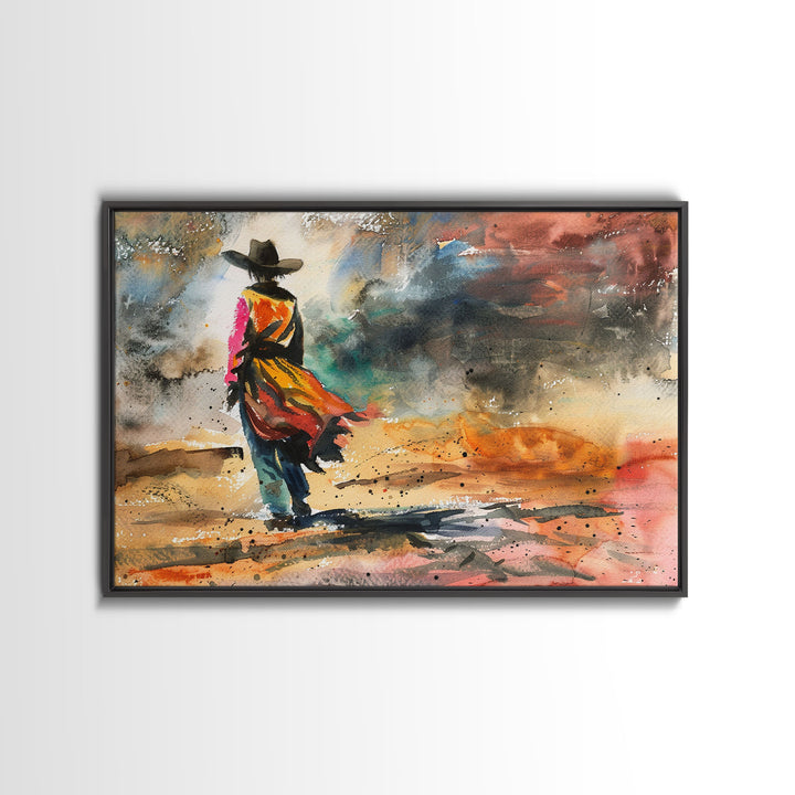 The Cowgirl, Framed Canvas Print, Metal Wall Art, Kitsch Decor, Wild West for Girls, Western Decor Watercolor Painting, Wall Art Prints