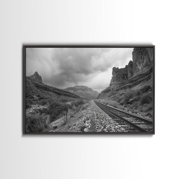 The Train Tracks, Framed Canvas Print, Black and White Western Photography, Wild West Art, Metal Art, Metal Print, Rustic Country Wall Art