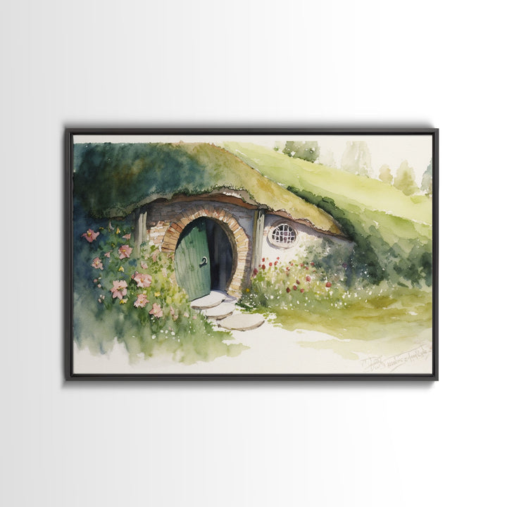 The Shire Oil Painting Print, Framed Wall Art, Hobbitcore Decor, Hobbit Hole Landscape Painting Print, Rings, Fantasy Painting