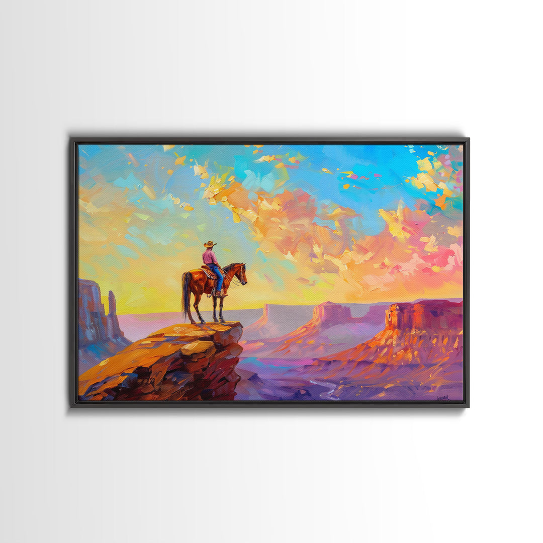 Western Art Print, Vintage / Retro Cowboy Wall Art, Framed Canvas or Metal Art, Midcentury Modern Watercolor Painting, Cowboy at Sunset