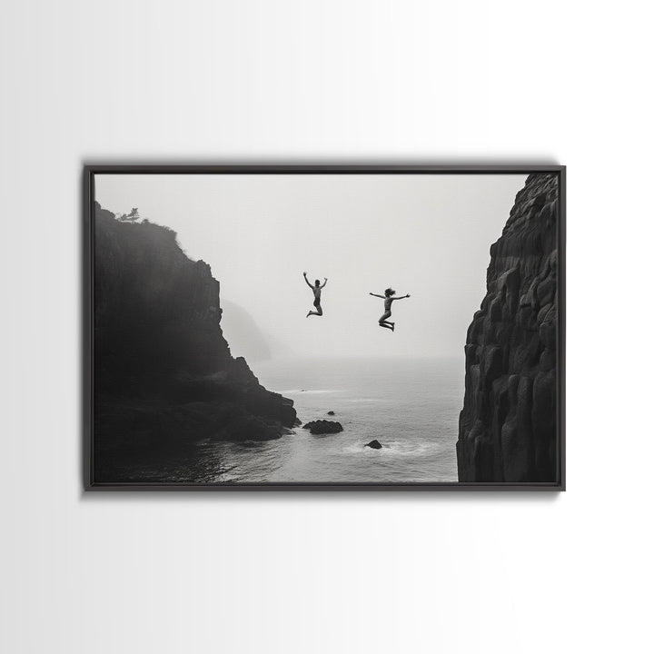 The Dive - Fine Art Black and White Print - Wood Framed Canvas or Metal Print - Cliff Diving In The Ocean - Lifestyle Minimalist Home Decor