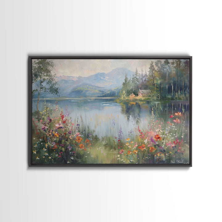 Summer At The Lake, Framed Canvas Print, Fine Art, Living Room Decor, Wildflowers Art, Lakehouse Art, Living Room Decor, Home Decor