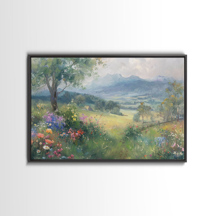 Spring Wildflower Field Landscape Painting Large Wall Art Print, Framed Canvas Nature Wall Decor, Rustic Country Landscape Living Room Art