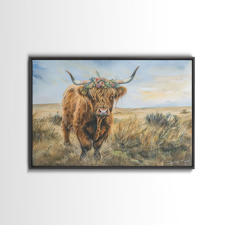 Vintage Cow Painting Framed Canvas Print | Retro Country Decor | Living Room Art | Gift For Her | Vintage Wall Art | Cottage Core Wall Art