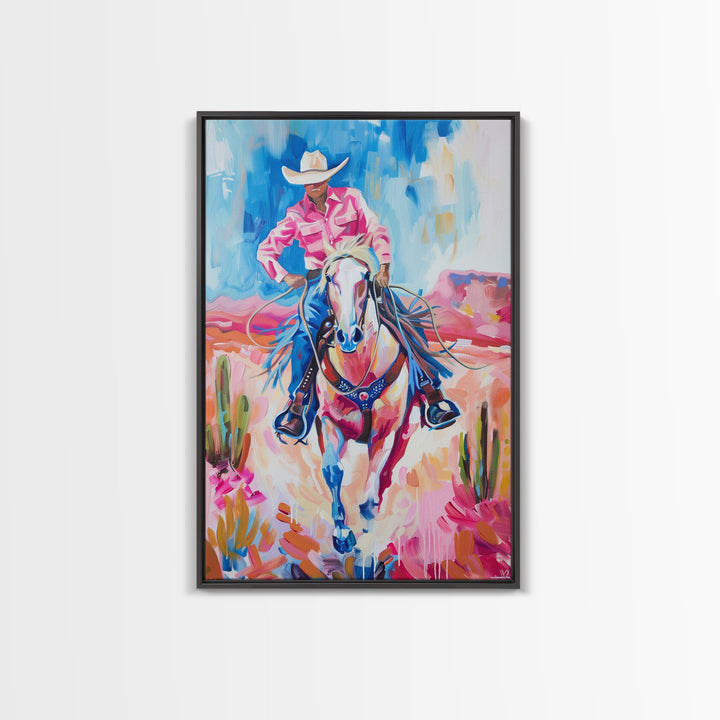 Vibrant Cowboy Riding Horse - Colorful Western Art, Framed Canvas Print, Living Room Decor, Cowboy Painting, Desert Wall Art