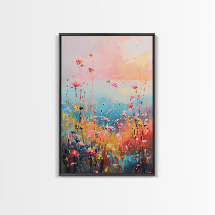 Abstract Floral Field at Sunset - Framed Canvas Print, Modern Living Room Art, Vibrant Bedroom Decor, Colorful Flower Art, Wall Art