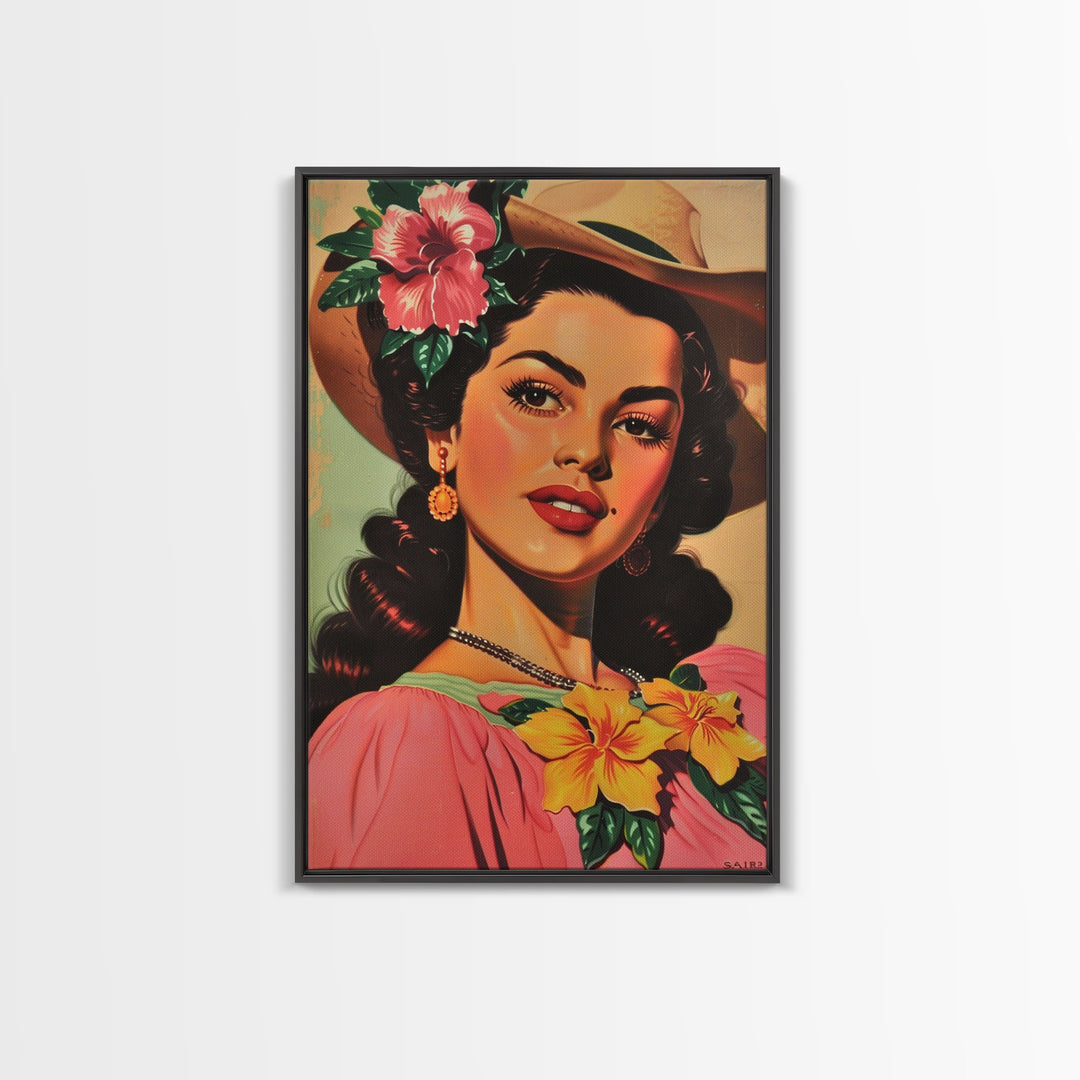 Vintage Portrait of a Lady with Flowers in Hair - Framed Canvas Print, Classic Living Room Art, Elegant Bedroom Decor, Retro Art, Wall Art