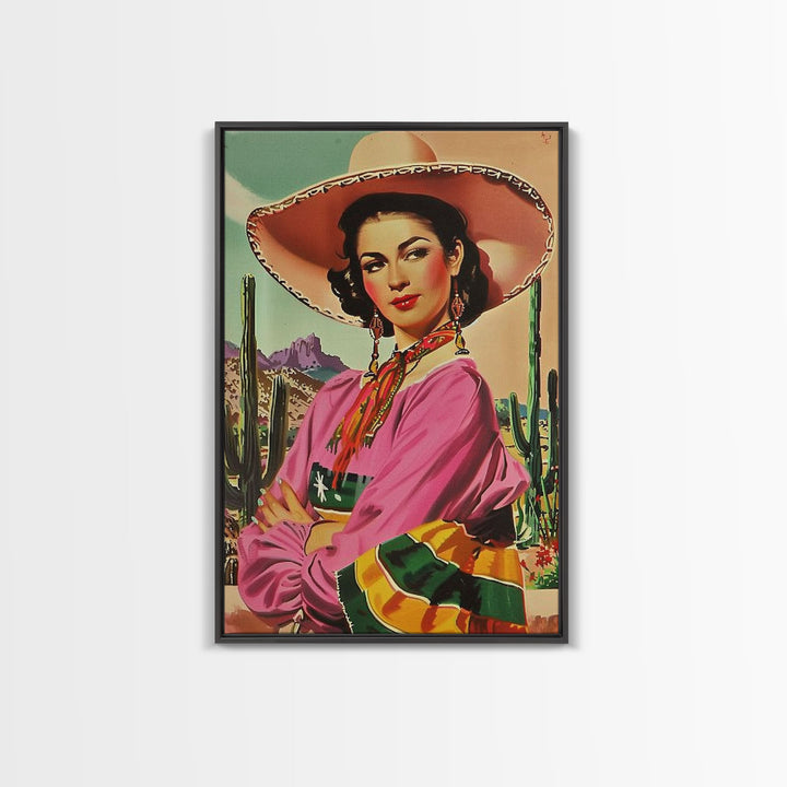 Western Portrait of a Latina Cowgirl with Cactus Background - Framed Canvas Print, Southwest Living Room Art Rustic Bedroom Decor, Retro Art