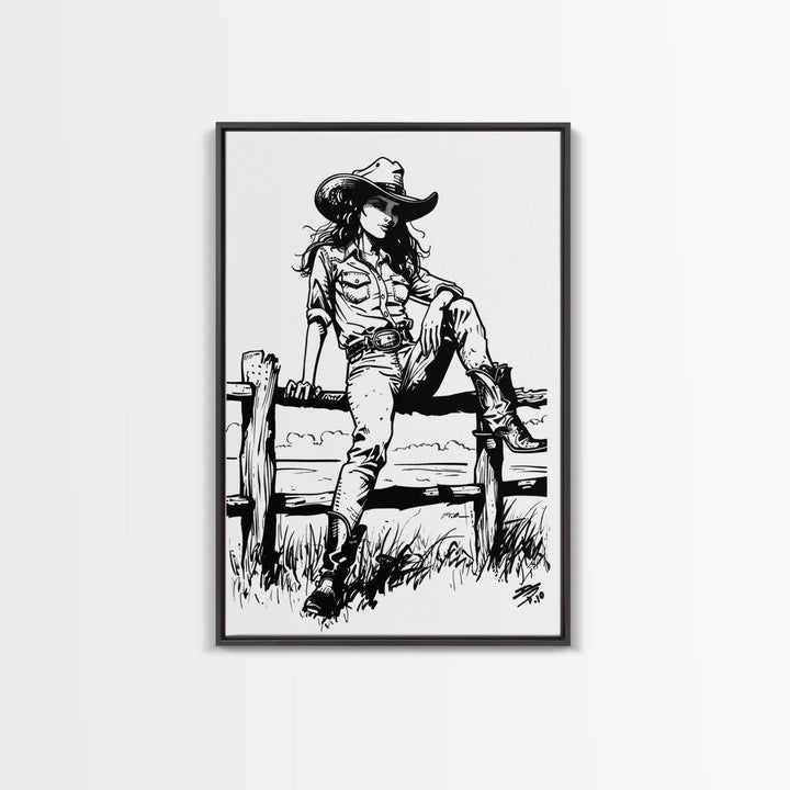 Western Cowgirl on Fence Art Print, Retro Silhouette Framed Canvas, Vintage Western Art, Unique Home Decor