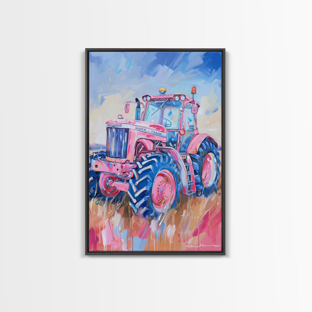 Vibrant Pink Tractor in Field with Blue Sky - Framed Canvas Print, Farmhouse Wall Art, Rustic Tractor Art for Living Room Decor