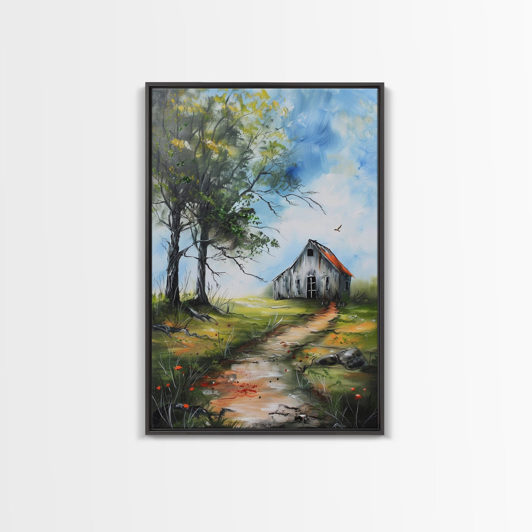 Tranquil Farmhouse with Colorful Flowers - Framed Canvas Print, Country Living Room Decor, Farmhouse Wall Art, Rustic Art Print for Bedroom