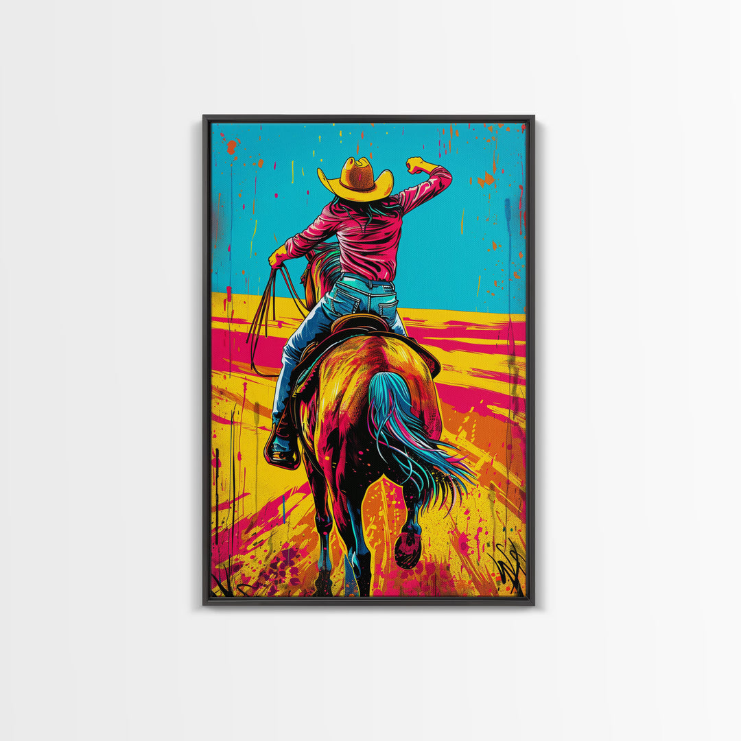 Vibrant Pop Art Cowboy on Horseback in Dynamic Colors - Framed Canvas Print, Western Decor, Cowboy Art for Living Room, Home Wall Art