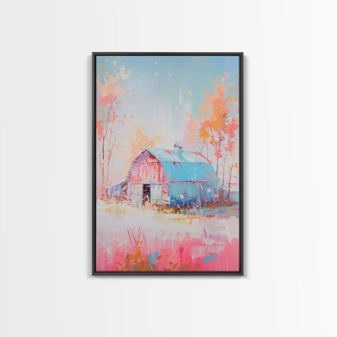 Vintage Pastel Barn with Blue Roof and Trees - Framed Canvas Print, Rustic Farmhouse Decor, Country Art for Home, Bedroom Wall Art